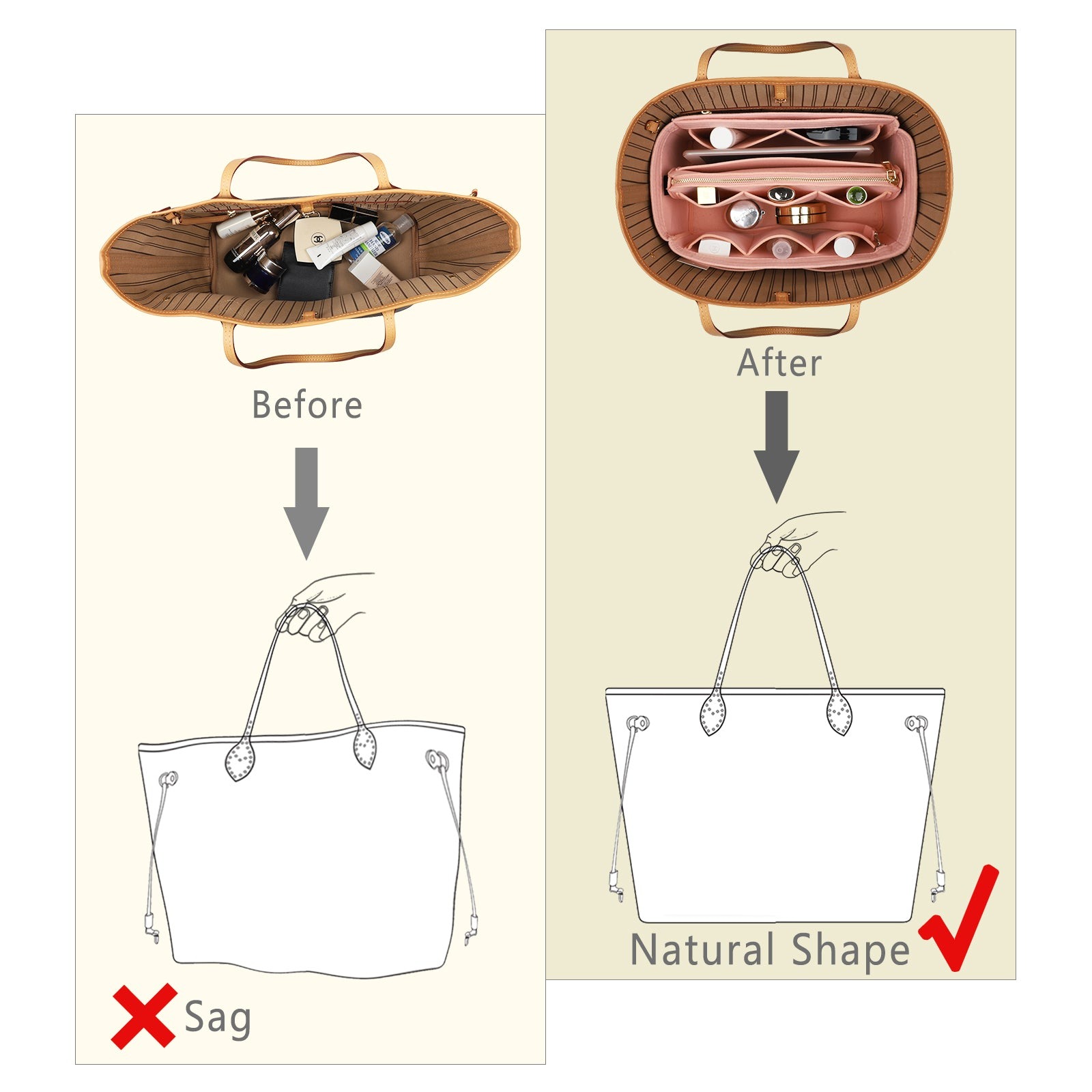 Organizér do kabelky z plsti s bočním zipem, odnímatelná střední kapsa pro LV Speedy Neverfull tote, 5 velikostí product image 21