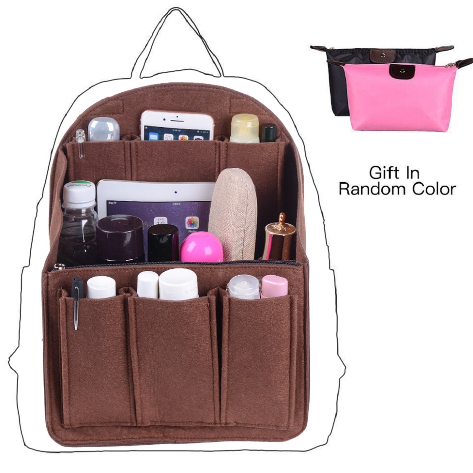 Organizador de bolso de fieltro para mochilas: compatible con bolsos redondos y cuadrados, en beige/gris/marrón/negro. product image 28
