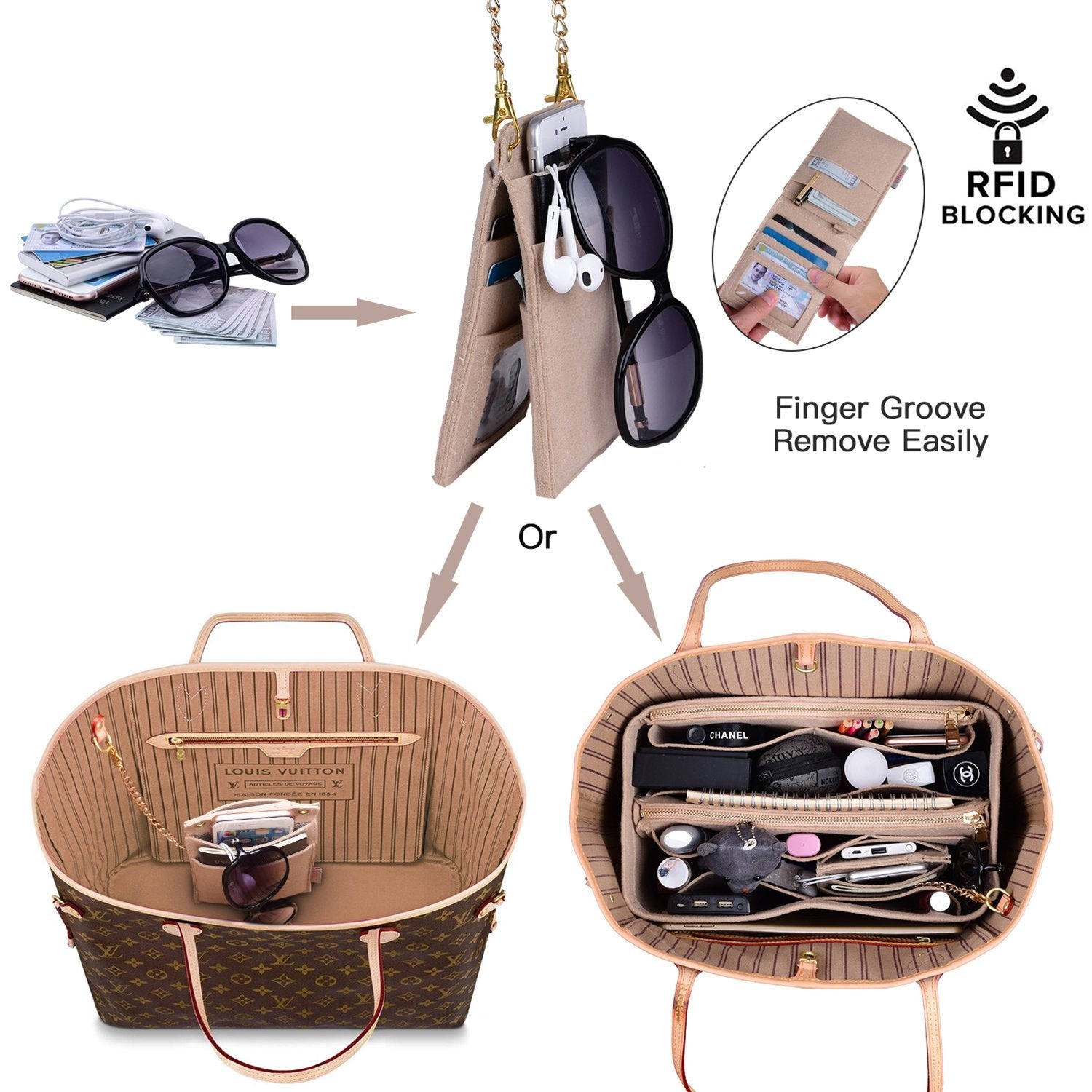 Vložka do kabelky pro návrhářské kabelky s kapsou blokující RFID – sedí na LV Speedy, Neverfull a další product image 10
