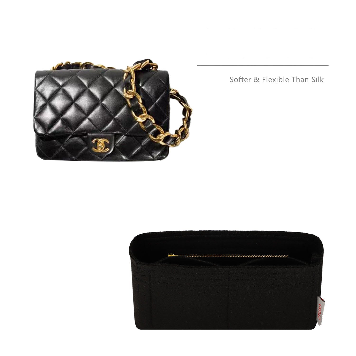 Vložka do kabelky pro Chanel 23P Mini / Small / Medium – prémiová plstěná vložka se zipem YKK