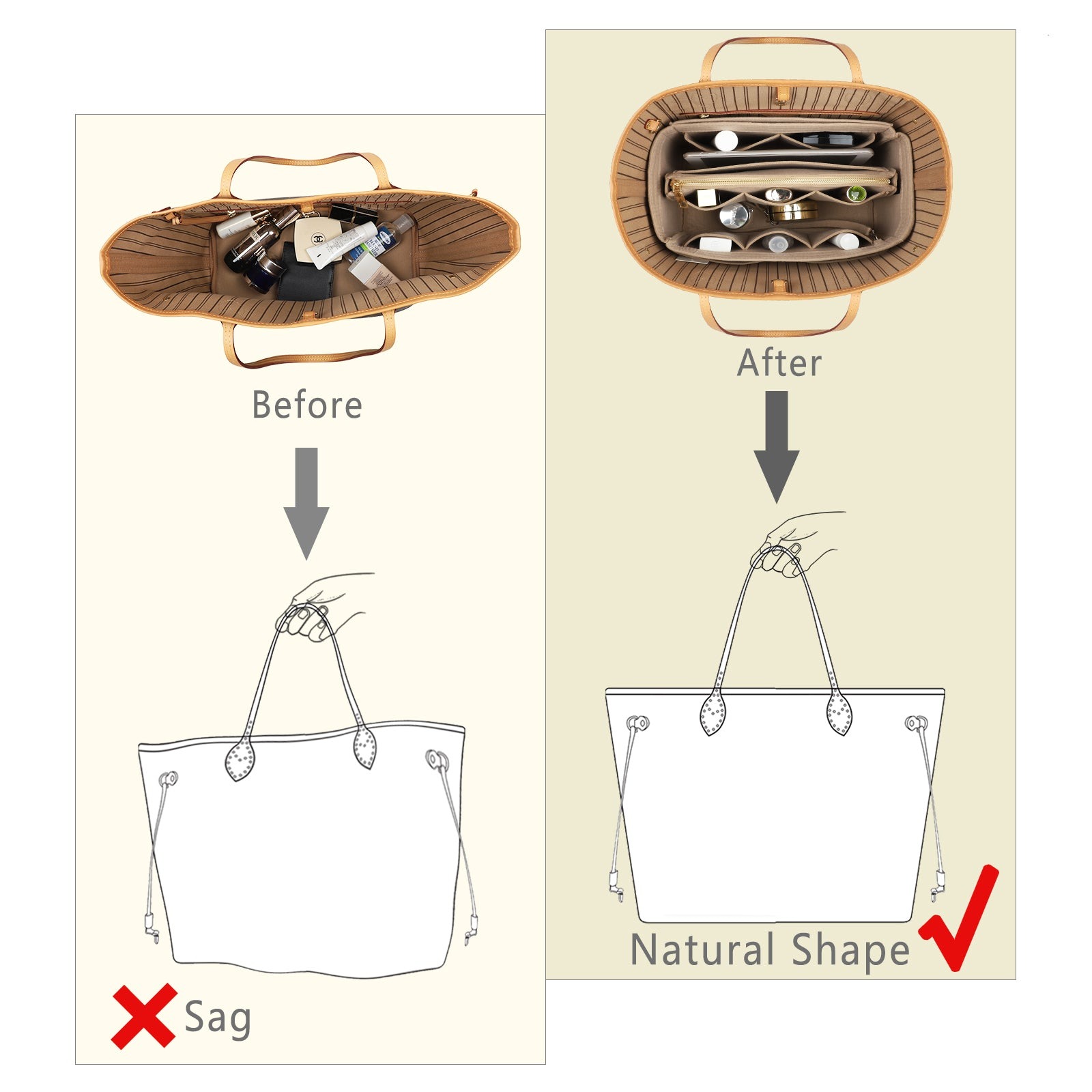 Organizér do kabelky z plsti s bočním zipem, odnímatelná střední kapsa pro LV Speedy Neverfull tote, 5 velikostí product image 7