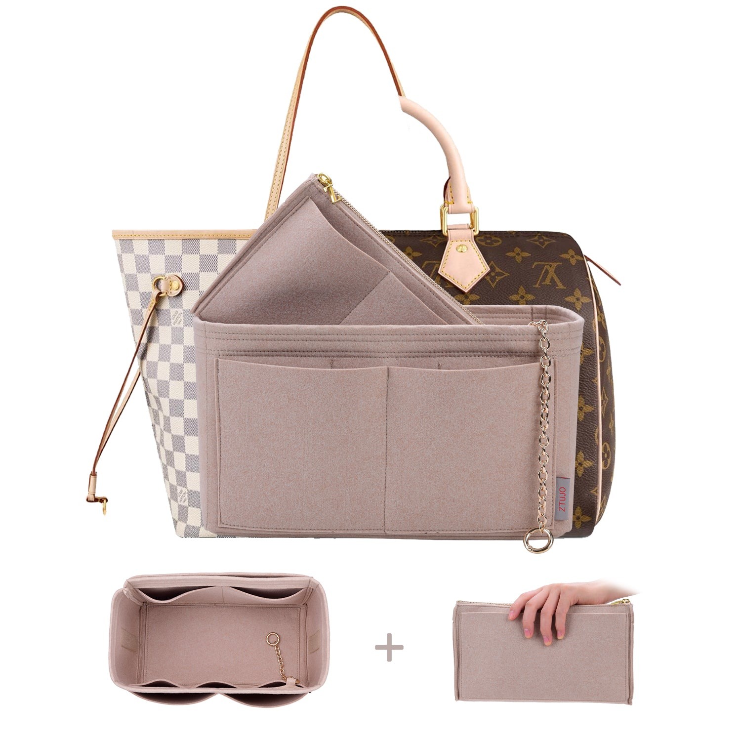High-end vložka do kabelky s YKK zipem – sedí na LV Speedy, Neverfull, tašky (5 velikostí)