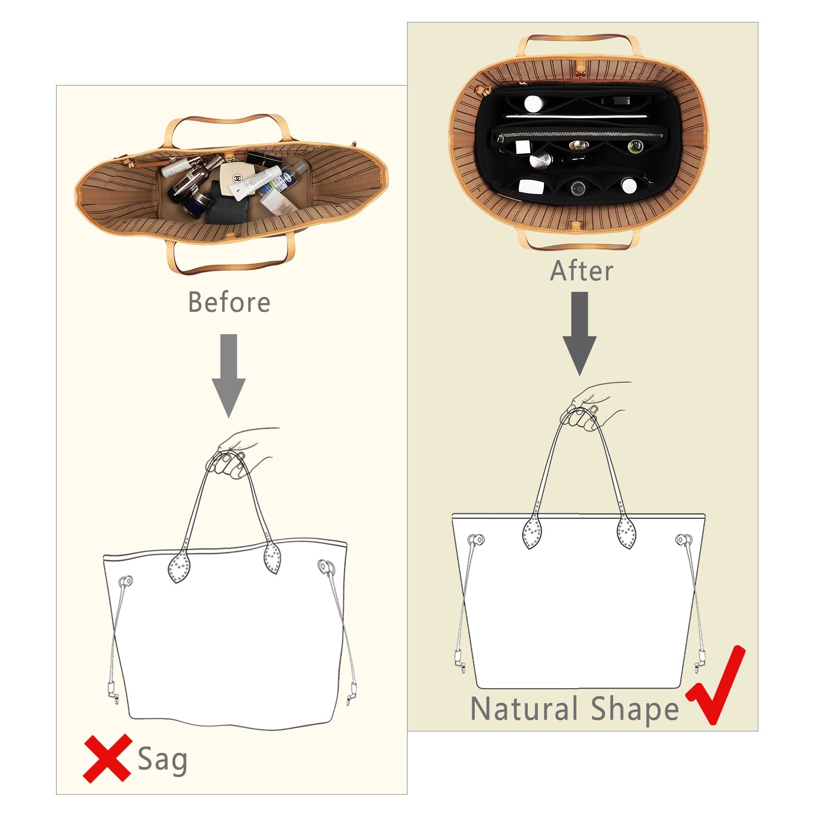 Organizér do kabelky z plsti s bočním zipem, odnímatelná střední kapsa pro LV Speedy Neverfull tote, 5 velikostí product image 14
