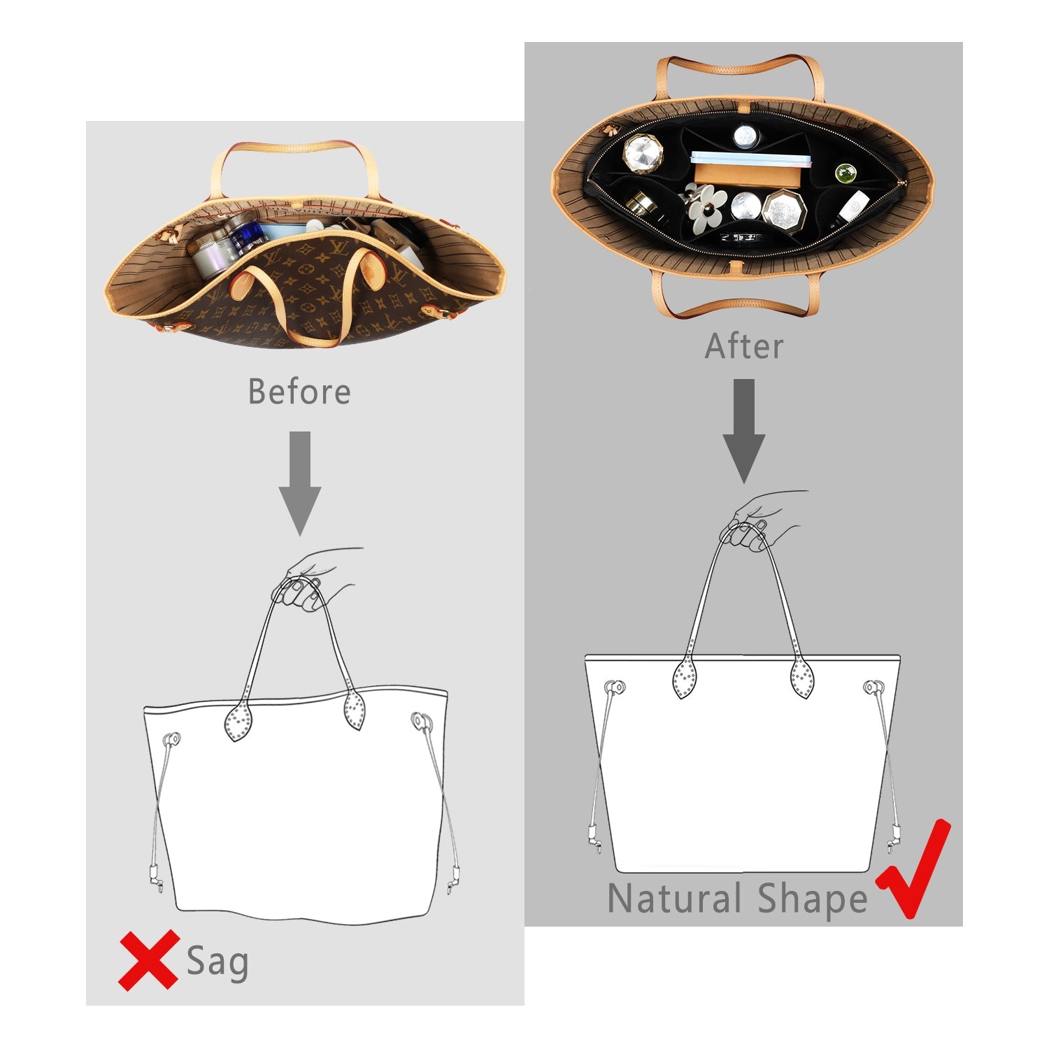 Plstěný organizér do kabelky s klíčenkou na náramek pro LV Speedy Neverfull Tote product image 28