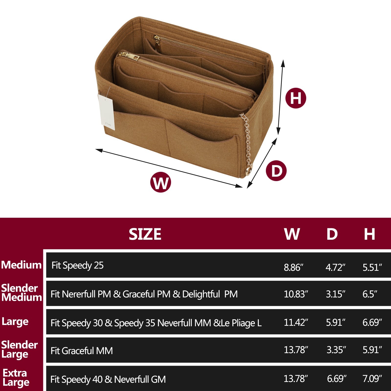 Organizér do kabelky z plsti s bočním zipem, odnímatelná střední kapsa pro LV Speedy Neverfull tote, 5 velikostí product image 31