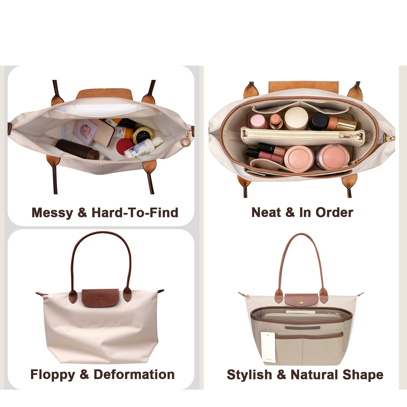 Handtaschen-Organizer-Einsatz für Tote Bags – Filz-Tasche-in-Tasche kompatibel mit Longchamp Le Pliage, Neverfull, Speedy und mehr detail image 2