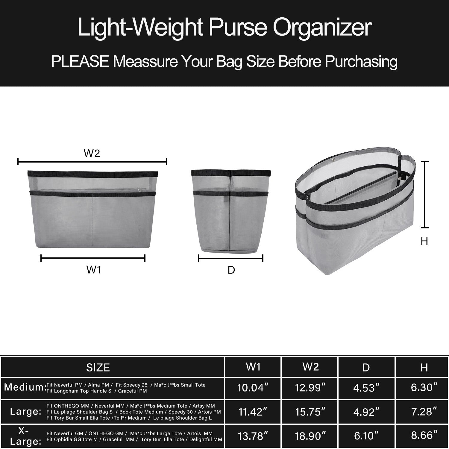 Wkładka Organizująca do Torebek – Organizer w Formie Siatki z Zamkiem Błyskawicznym, Pasuje do Speedy, Neverfull PM/MM, Le Pliage – Średnia, Duża, Bardzo Duża product image 19