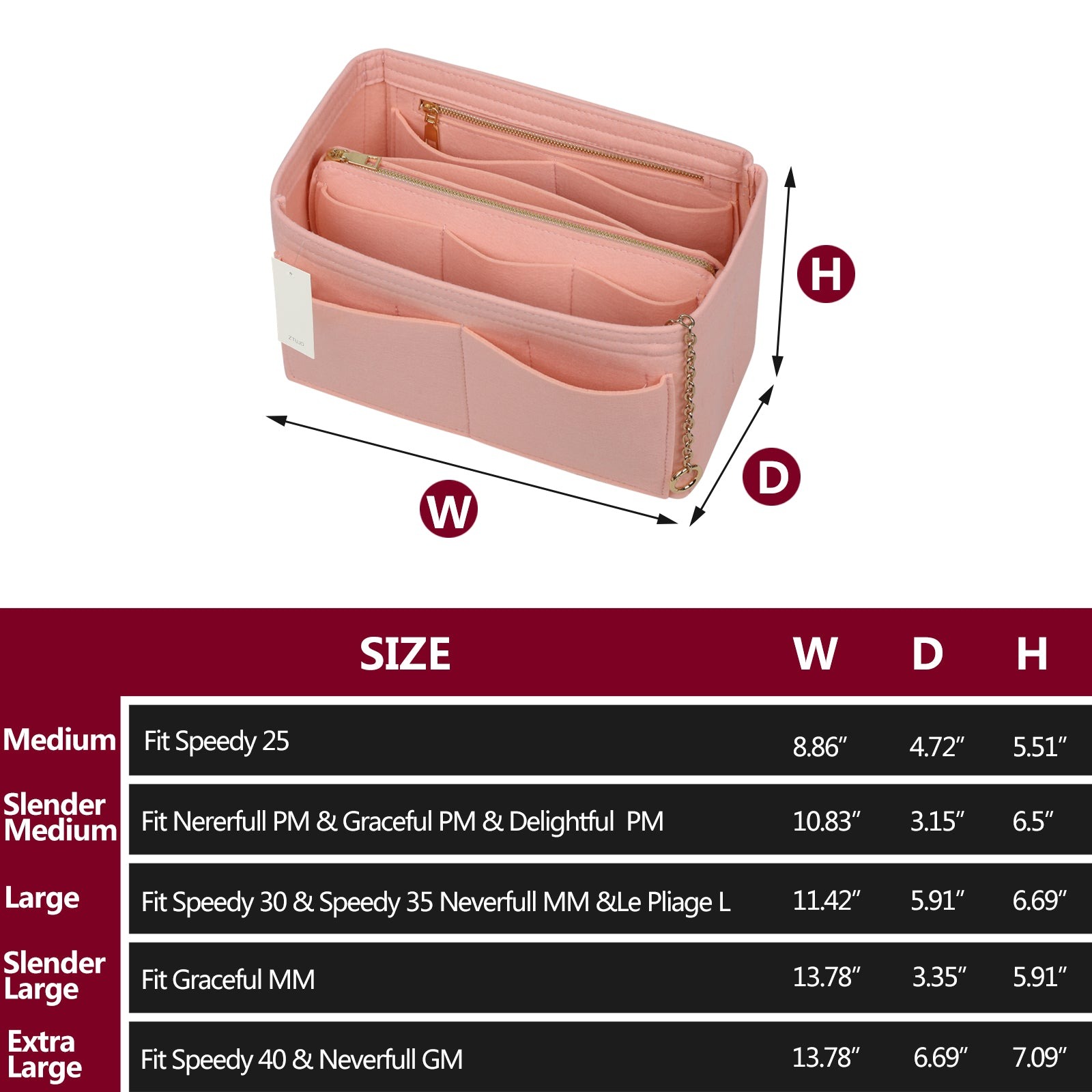 Organizér do kabelky z plsti s bočním zipem, odnímatelná střední kapsa pro LV Speedy Neverfull tote, 5 velikostí product image 17