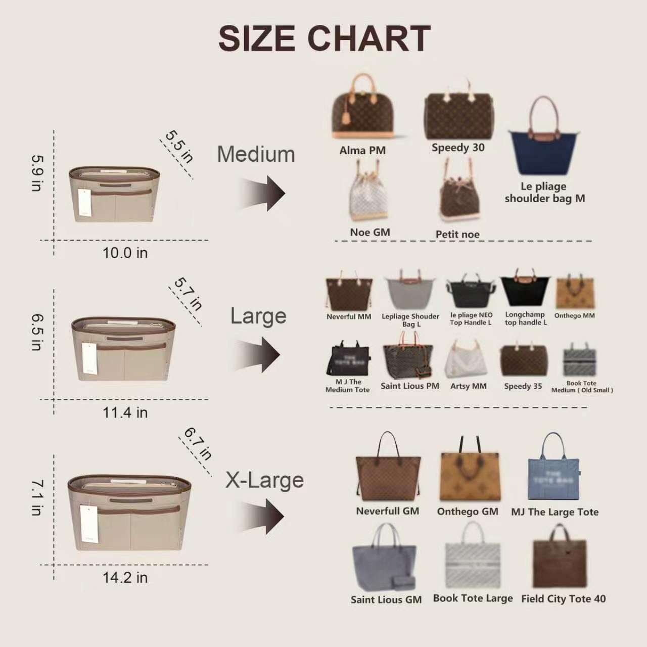 Handtaschen-Organizer-Einsatz für Tote Bags – Filz-Tasche-in-Tasche kompatibel mit Longchamp Le Pliage, Neverfull, Speedy und mehr detail image 1
