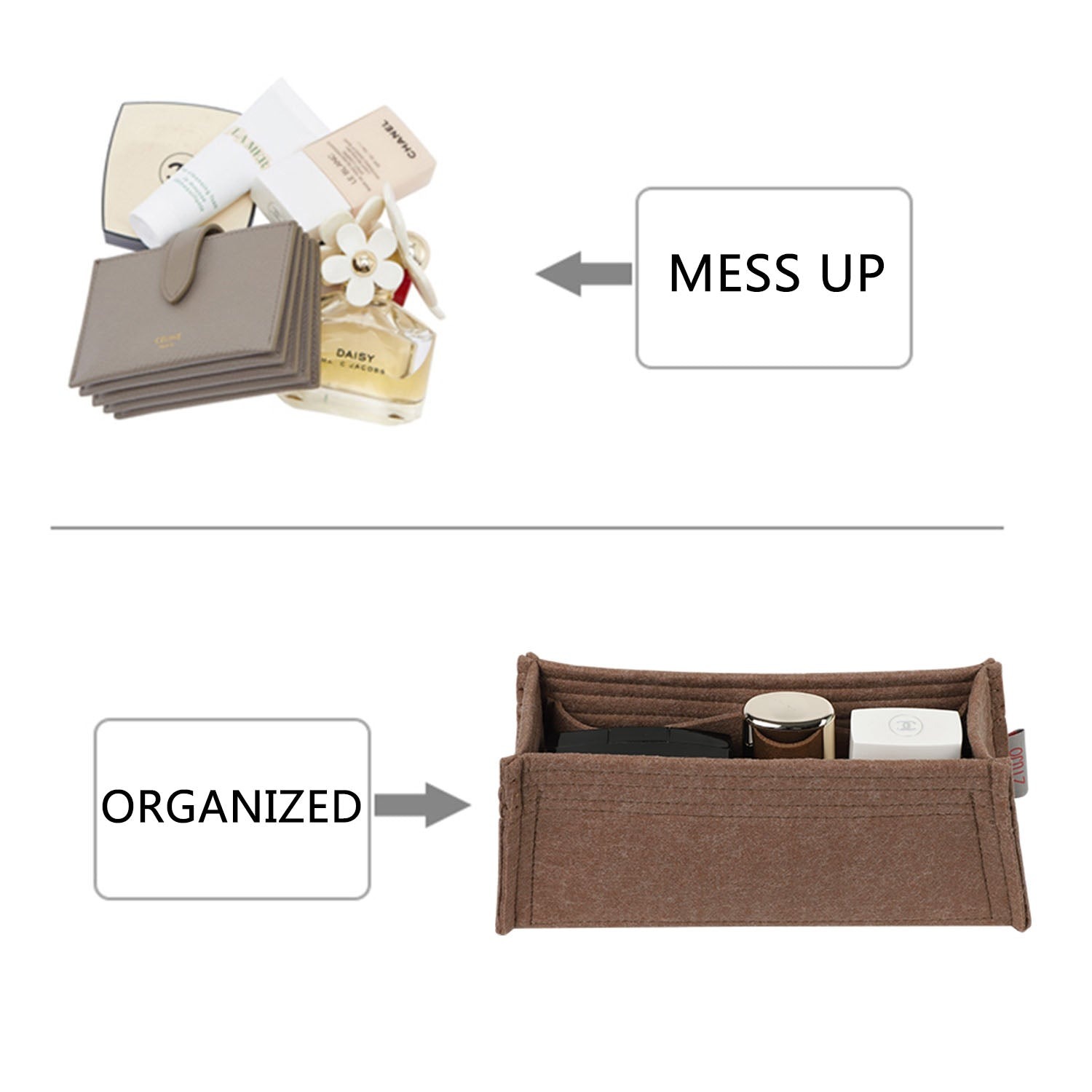 INNERBAG กระเป๋าใส่ของในกระเป๋า สำหรับ Hermes Danse / Pochette / Kelly Mini II – 4 ช่อง สีน้ำตาลอ่อน ดำ สั่งทำพิเศษ product image 5