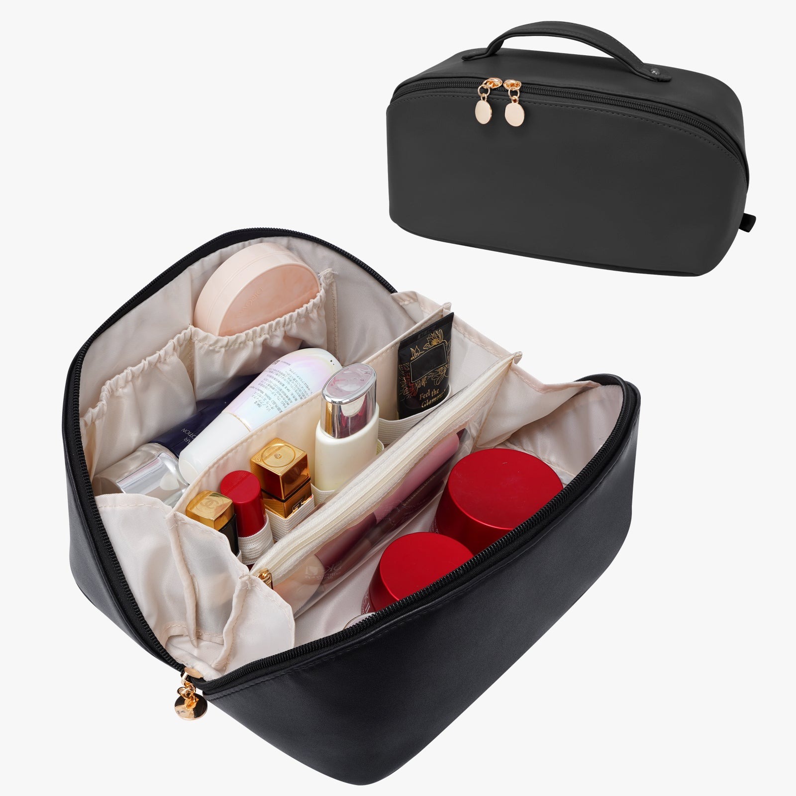 Velkokapacitní voděodolná kosmetická taška z PU kůže pro ženy – organizér na make-up s přepážkou a uchem detail image 10