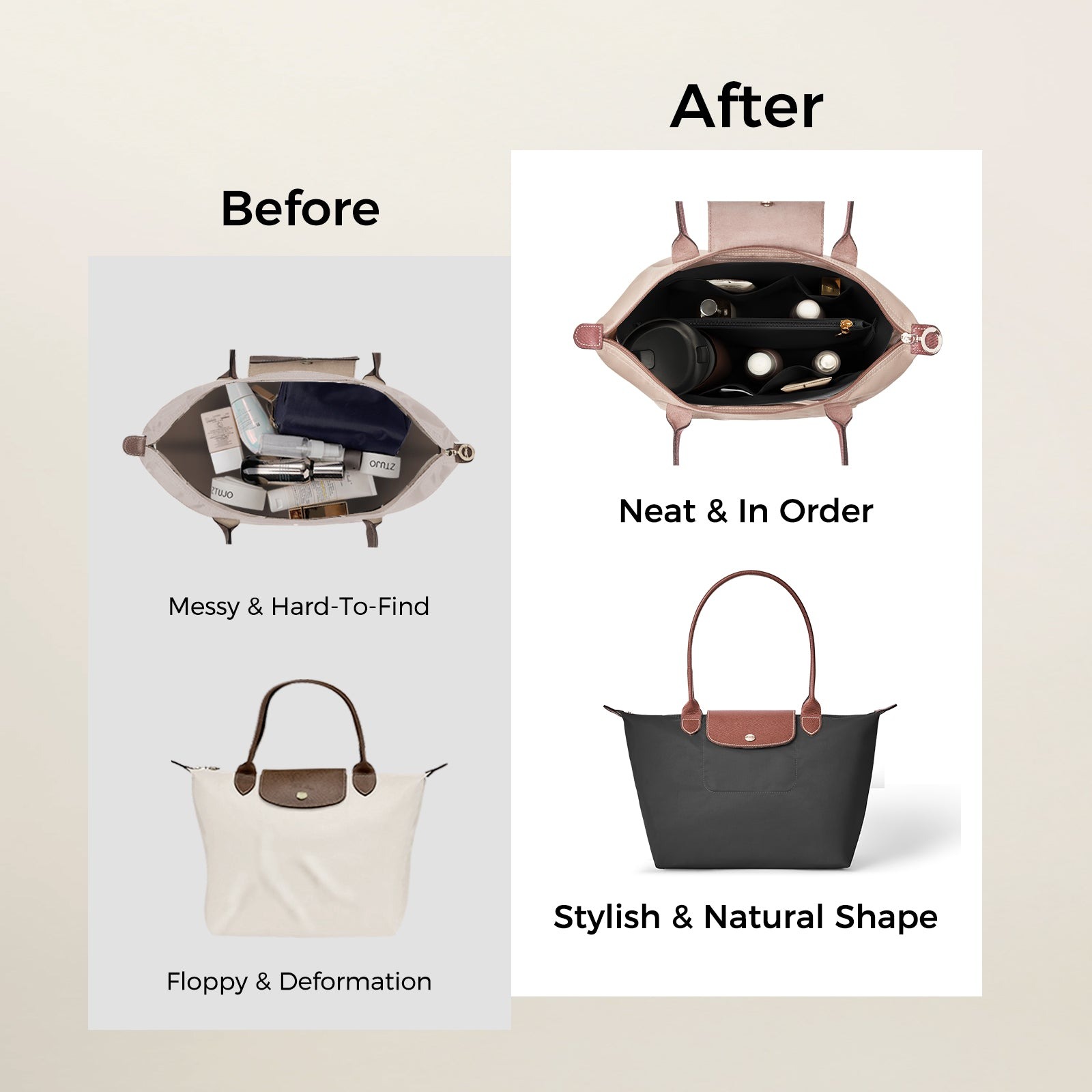 Purse Organizer Insert för Longchamp Le Pliage – Ultralätt Vattentåligt Miljövänligt DuPont-papper, 6 fack product image 10