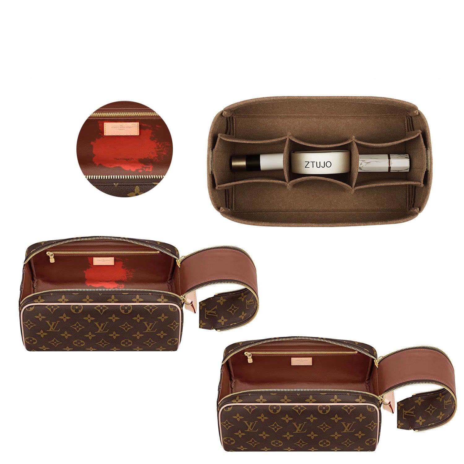 ตัวจัดระเบียบกระเป๋ารุ่นพรีเมียมสำหรับ LV Dopp Kit กระเป๋าใส่ของใช้ส่วนตัว – 3 ช่อง สีน้ำตาลอ่อนหรือสีที่กำหนดเอง product image 5