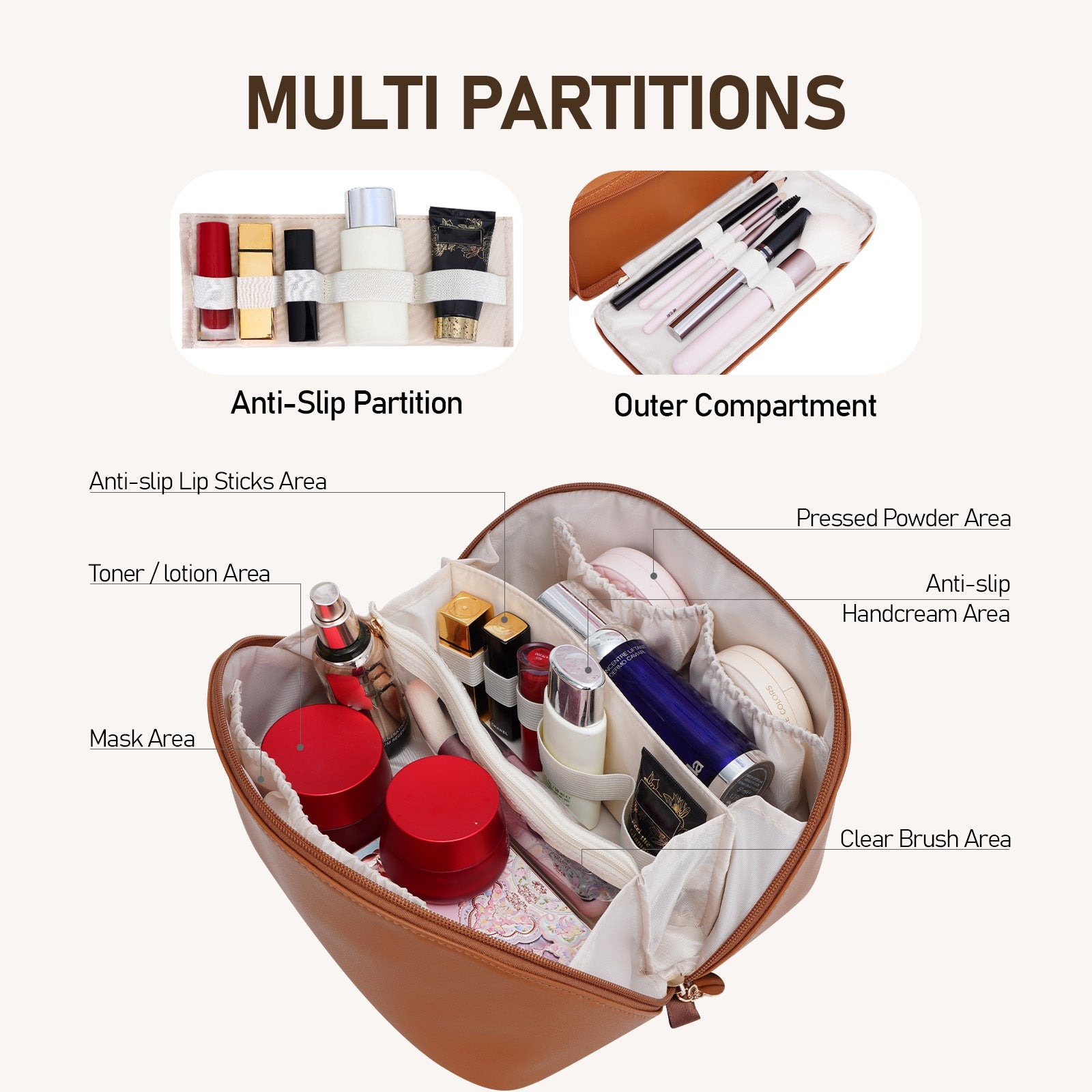 Velkokapacitní voděodolná kosmetická taška z PU kůže pro ženy – organizér na make-up s přepážkou a uchem product image 30