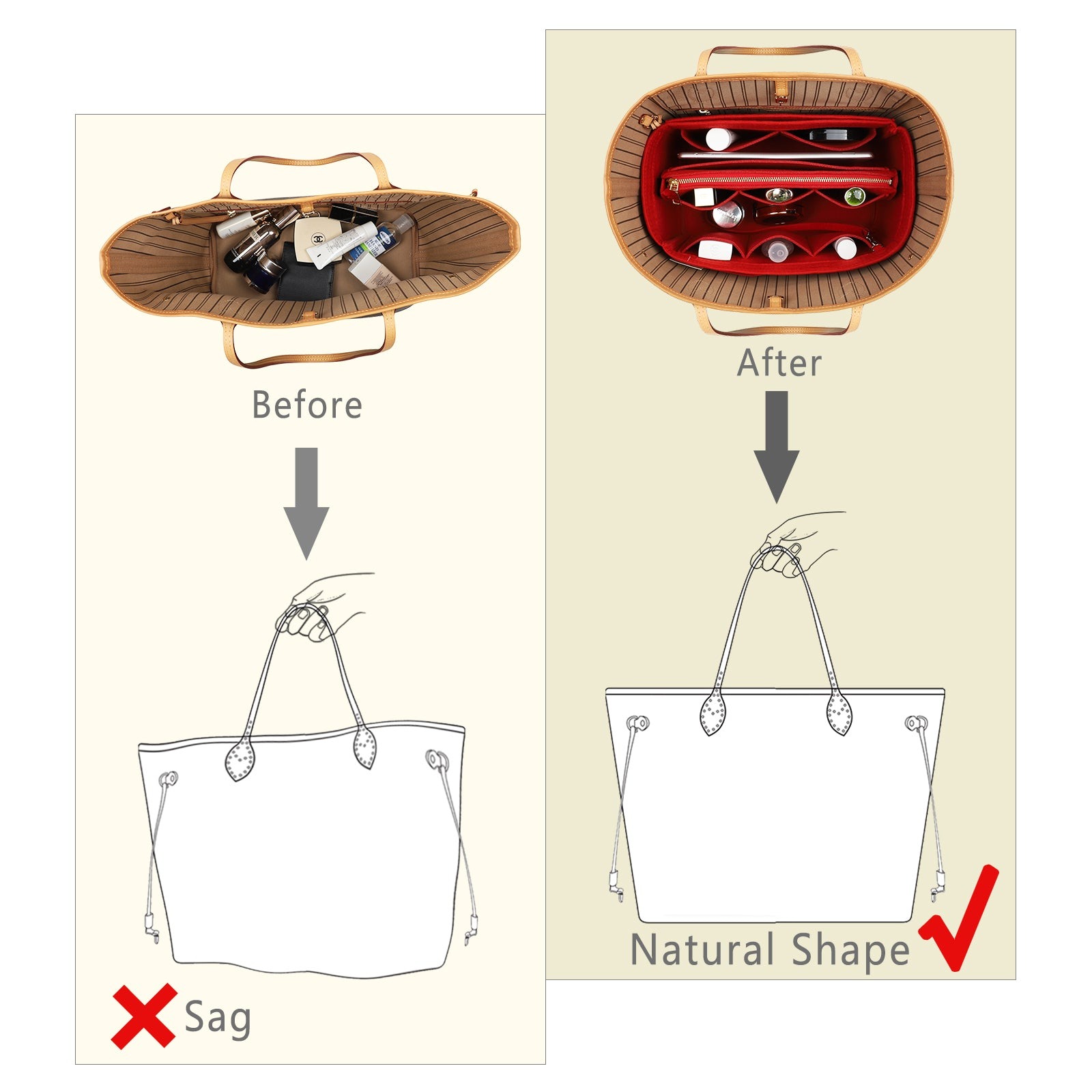 Organizér do kabelky z plsti s bočním zipem, odnímatelná střední kapsa pro LV Speedy Neverfull tote, 5 velikostí product image 28