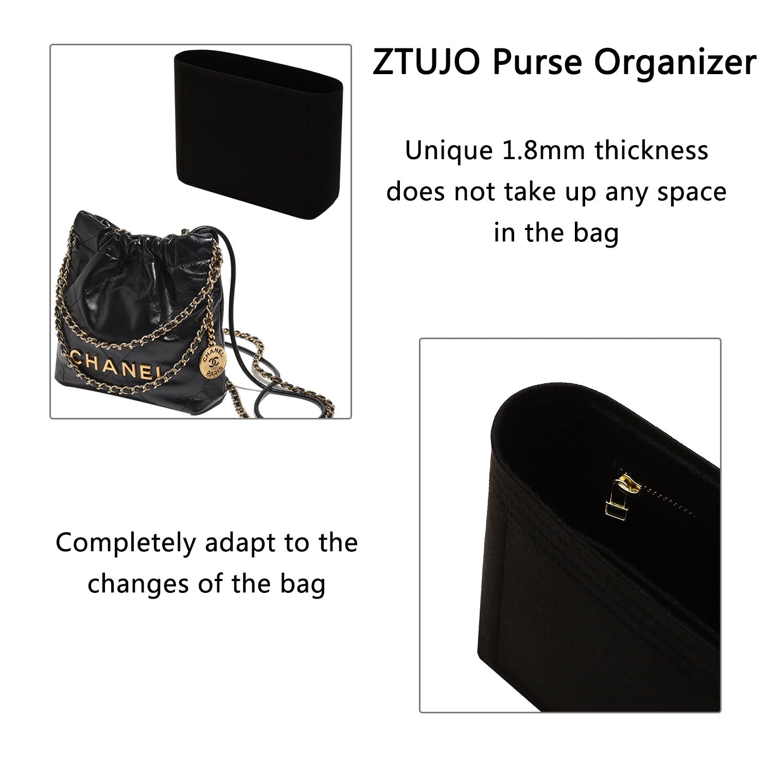 منظم حقيبة فاخر لـ Chanel 22 Mini – لباد ناعم، سحابات YKK، جيبان product image 6