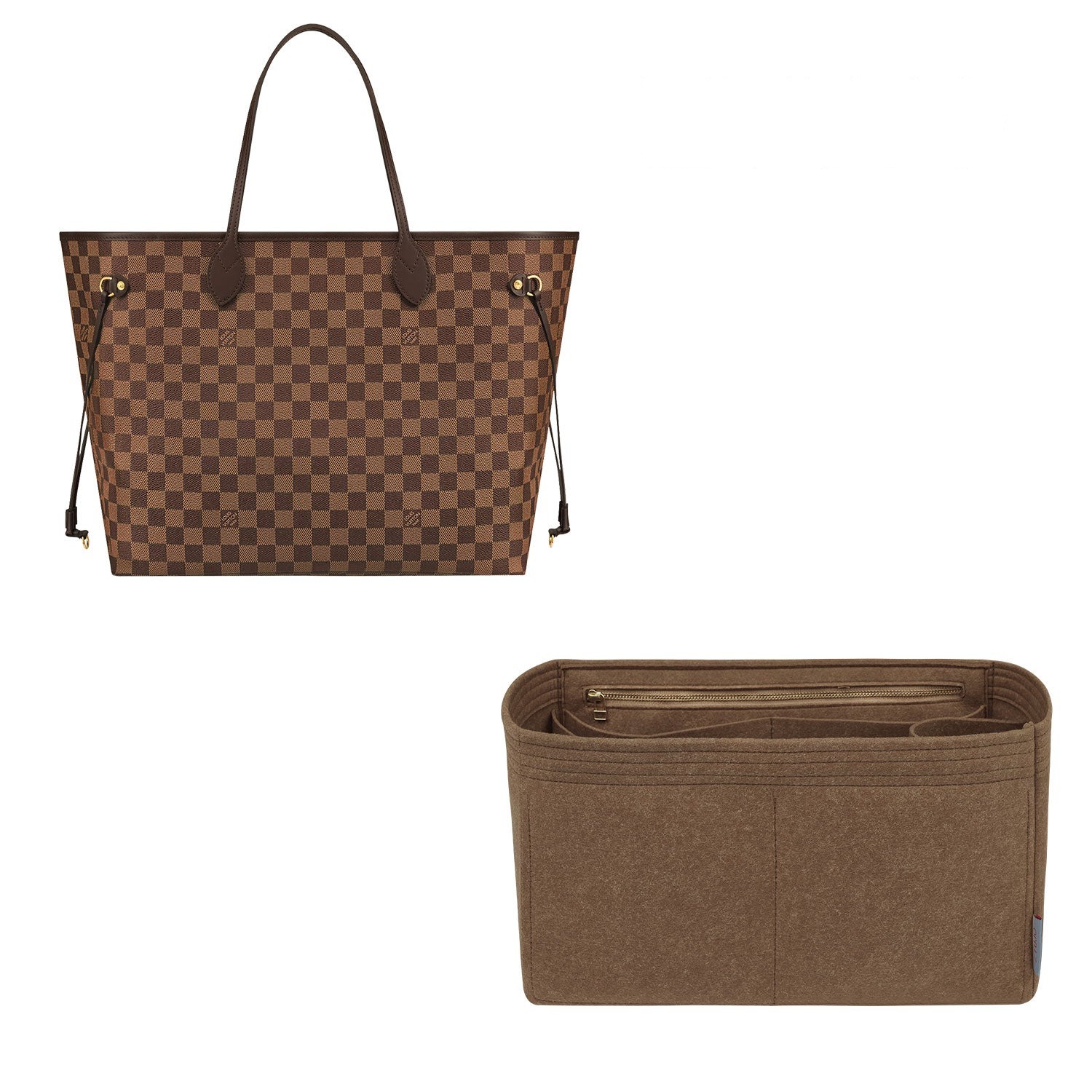 Organizador de Bolsa para LV Neverfull PM / MM / GM – 7 Bolsos, Zíper YKK, Marrom Claro ou Cor Personalizada
