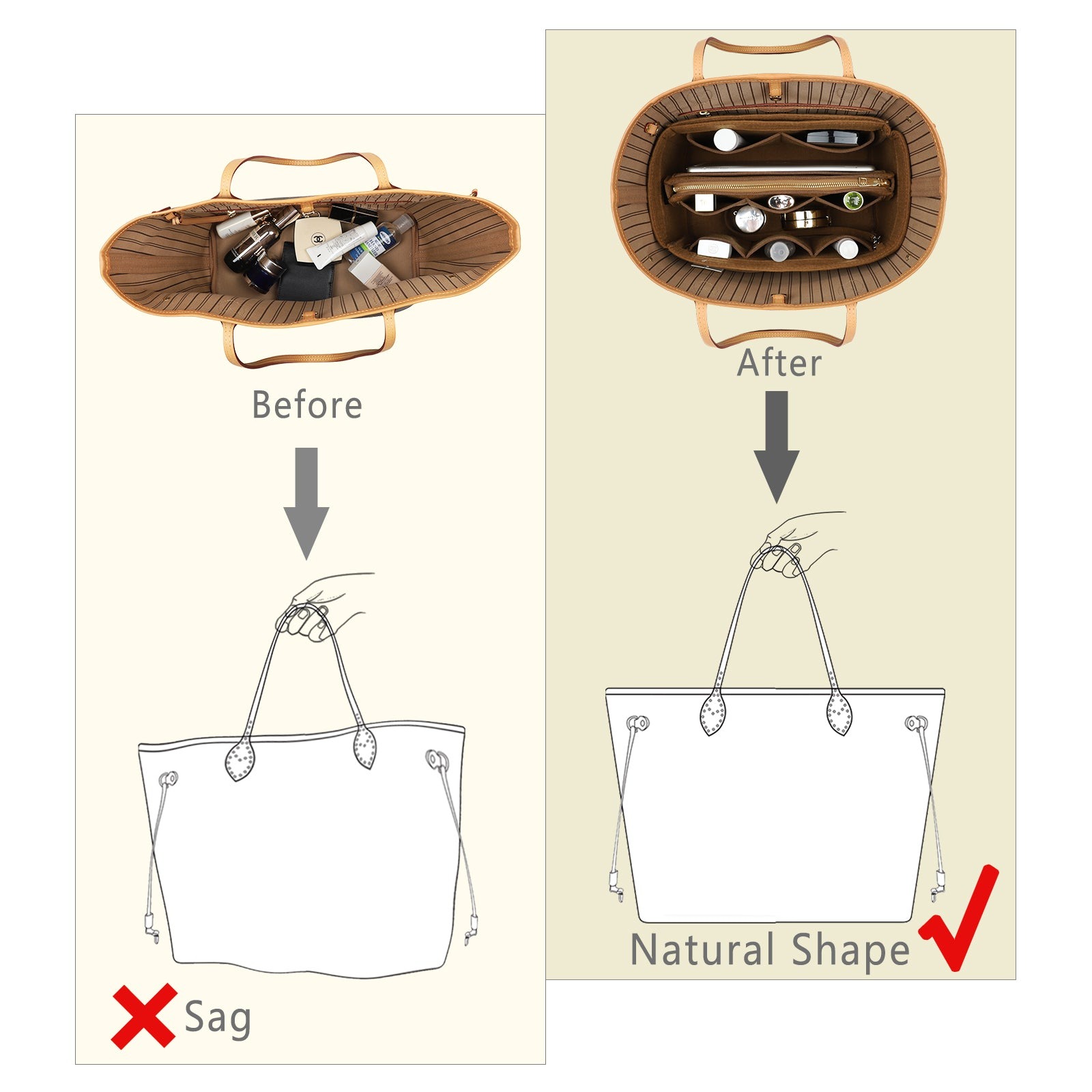 Organizér do kabelky z plsti s bočním zipem, odnímatelná střední kapsa pro LV Speedy Neverfull tote, 5 velikostí product image 35