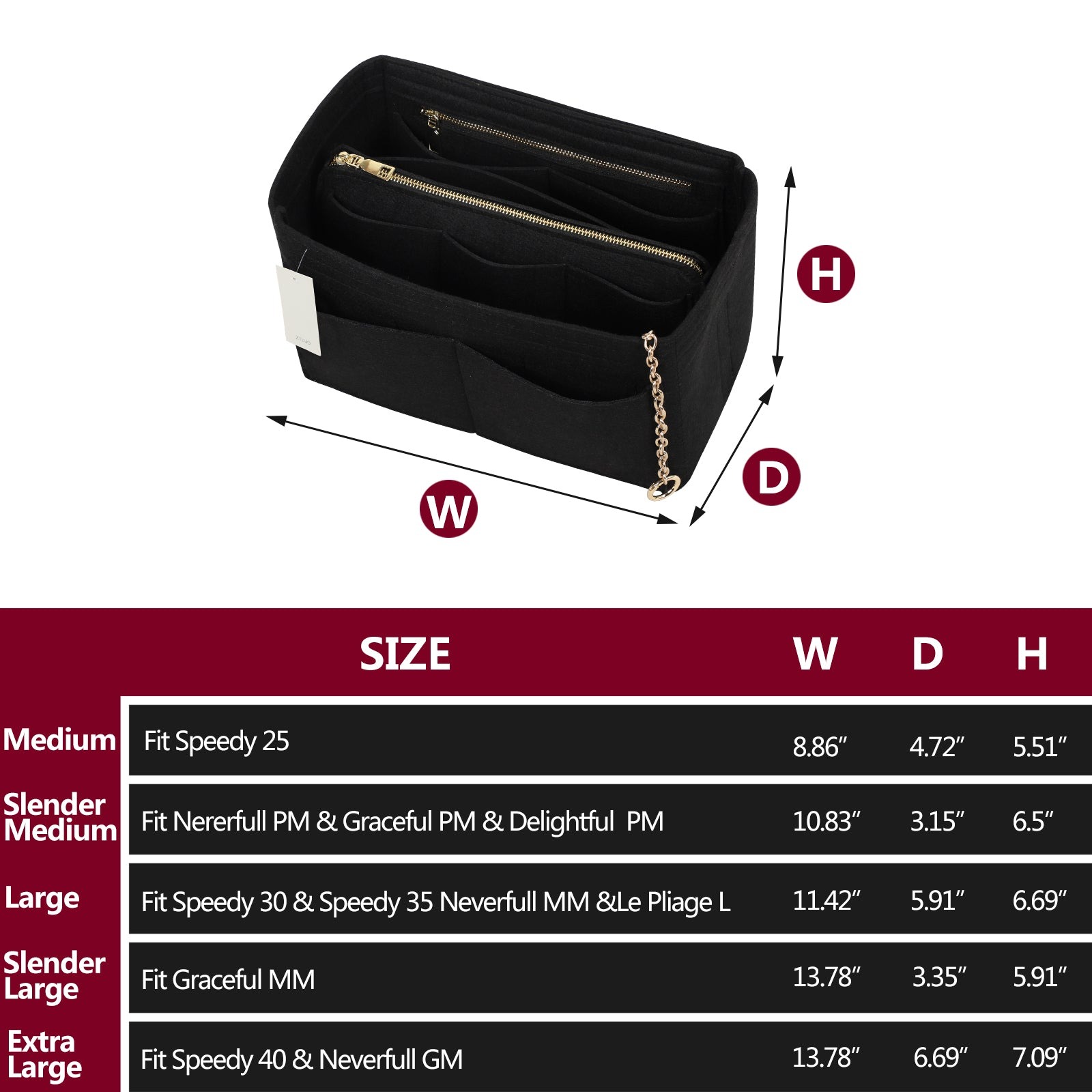 Organizér do kabelky z plsti s bočním zipem, odnímatelná střední kapsa pro LV Speedy Neverfull tote, 5 velikostí product image 10