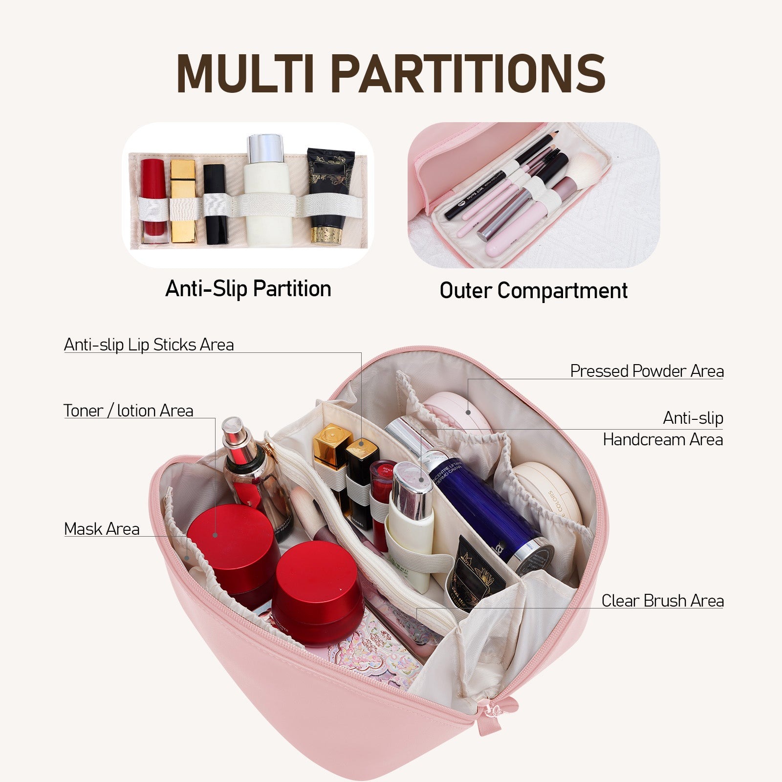 Velkokapacitní voděodolná kosmetická taška z PU kůže pro ženy – organizér na make-up s přepážkou a uchem product image 38