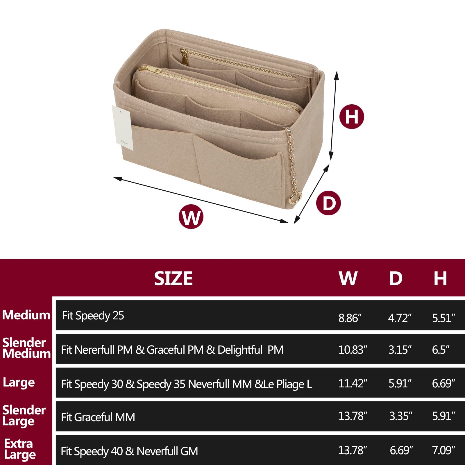 Organizér do kabelky z plsti s bočním zipem, odnímatelná střední kapsa pro LV Speedy Neverfull tote, 5 velikostí product image 3