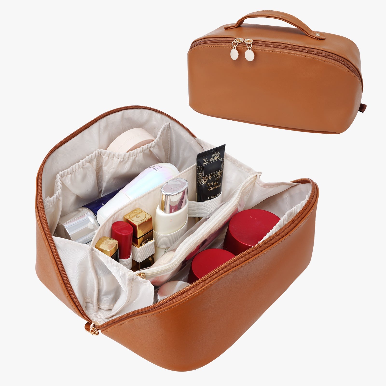 Velkokapacitní voděodolná kosmetická taška z PU kůže pro ženy – organizér na make-up s přepážkou a uchem product image 29
