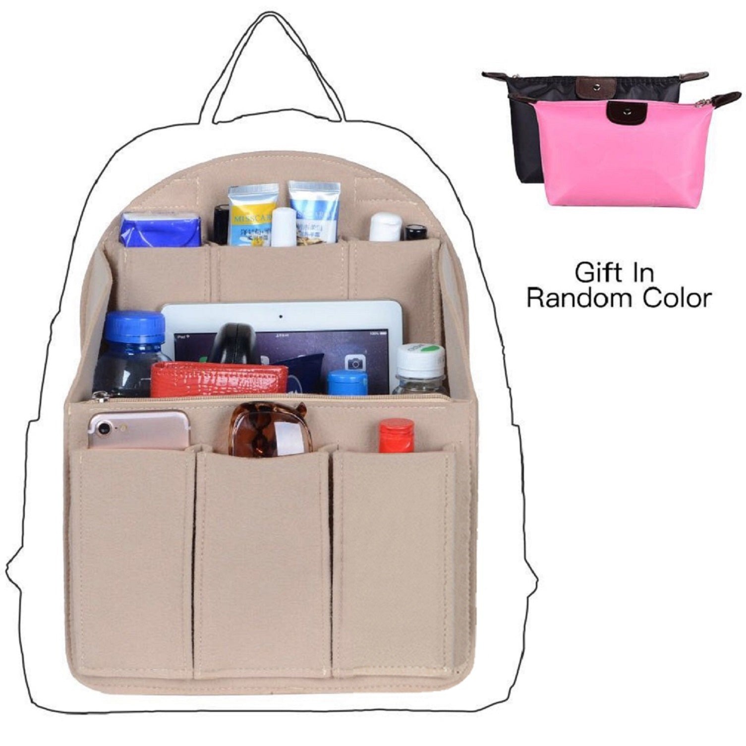 Organizador de bolso de fieltro para mochilas: compatible con bolsos redondos y cuadrados, en beige/gris/marrón/negro. product image 21
