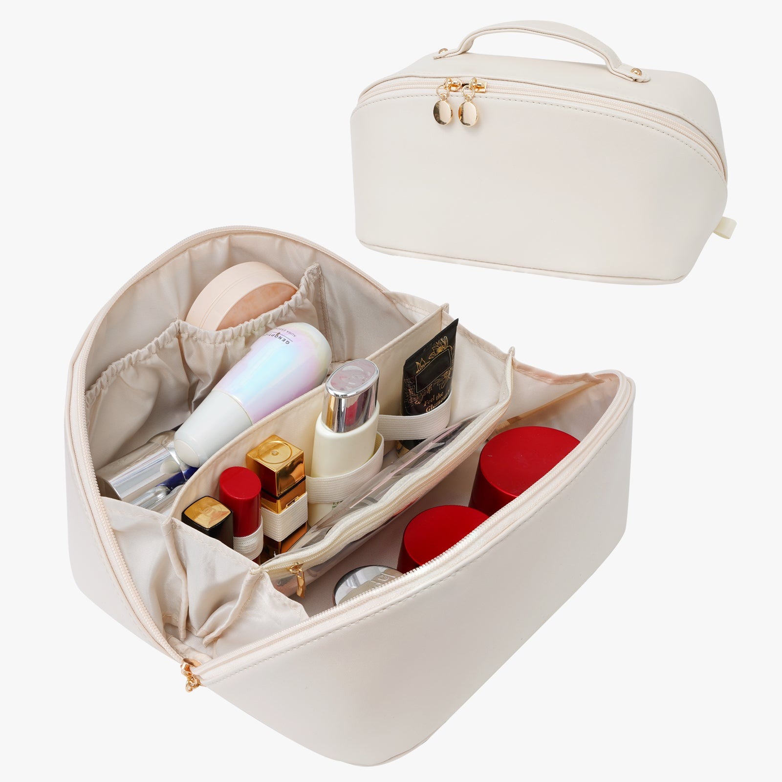 Velkokapacitní voděodolná kosmetická taška z PU kůže pro ženy – organizér na make-up s přepážkou a uchem product image 46