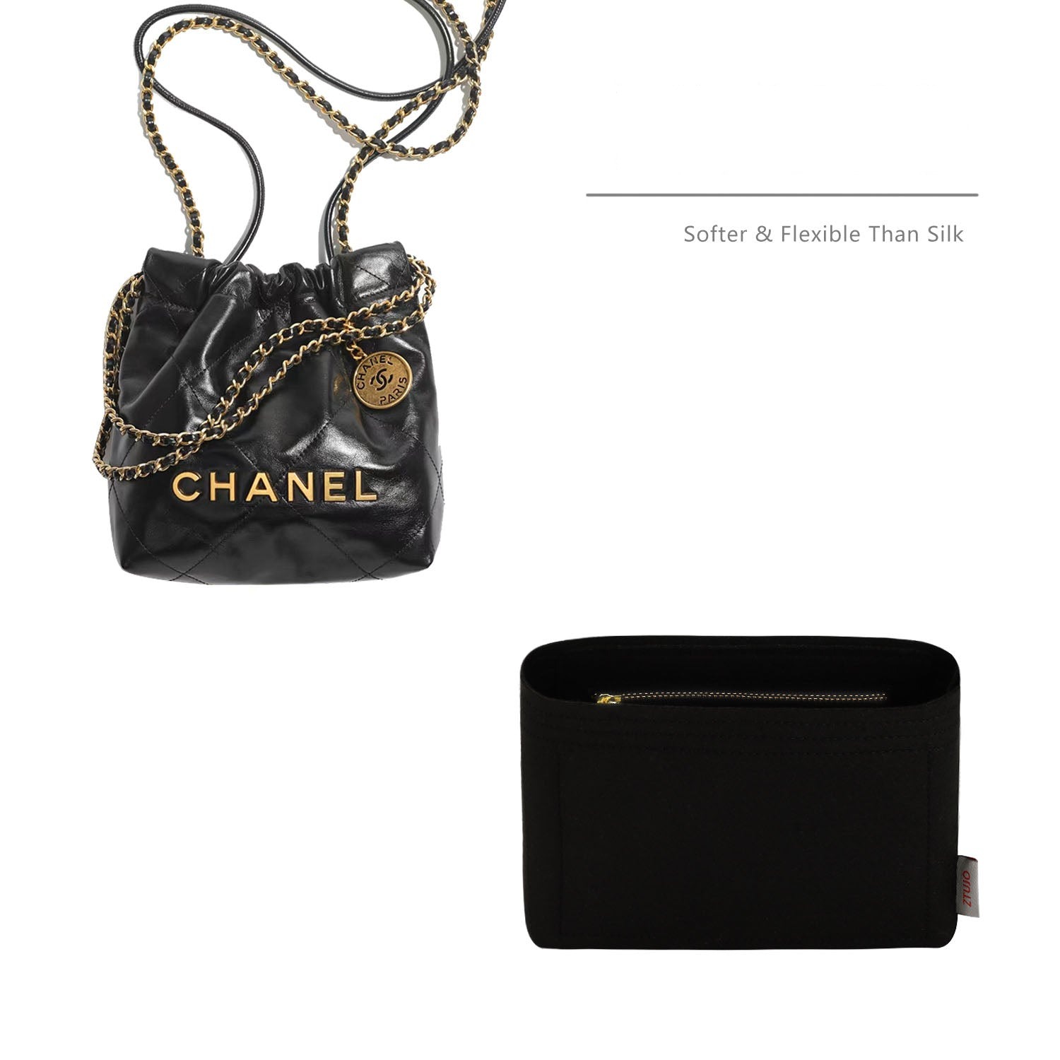 Organizer per borsa premium per Chanel 22 Mini – feltro morbido, cerniere YKK, 2 tasche