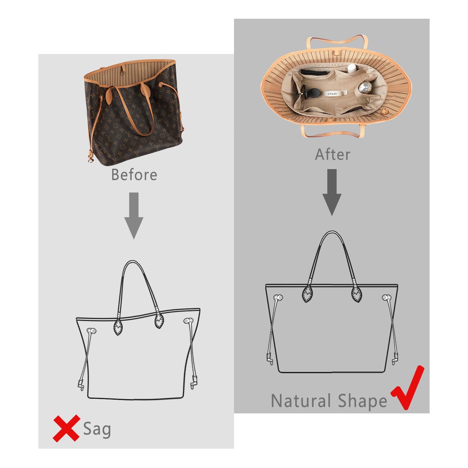 Hedvábná vložka do kabelky s zipem – pasuje na LV Neverfull, Speedy, Onthego, Artsy, tote – 6 velikostí product image 5