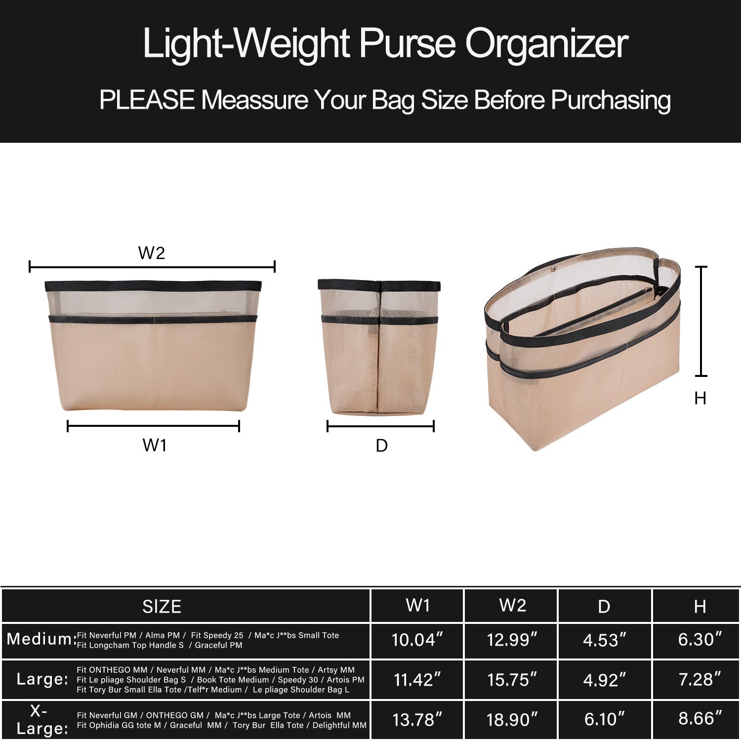 Wkładka Organizująca do Torebek – Organizer w Formie Siatki z Zamkiem Błyskawicznym, Pasuje do Speedy, Neverfull PM/MM, Le Pliage – Średnia, Duża, Bardzo Duża product image 4