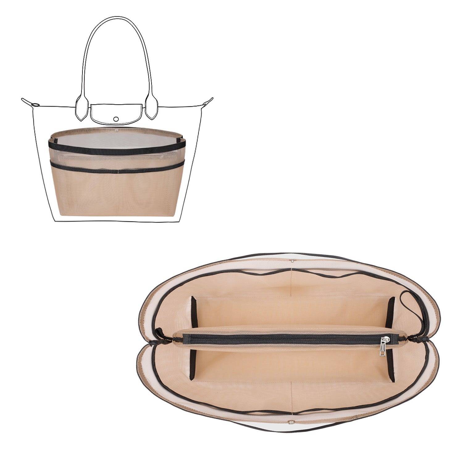 Organizér do kabelky – síťovaný organizér se zipem, pasuje na Speedy, Neverfull PM/MM, Le Pliage – střední, velká, extra velká