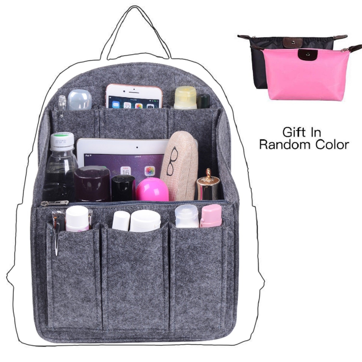 Organizador de bolso de fieltro para mochilas: compatible con bolsos redondos y cuadrados, en beige/gris/marrón/negro. product image 35