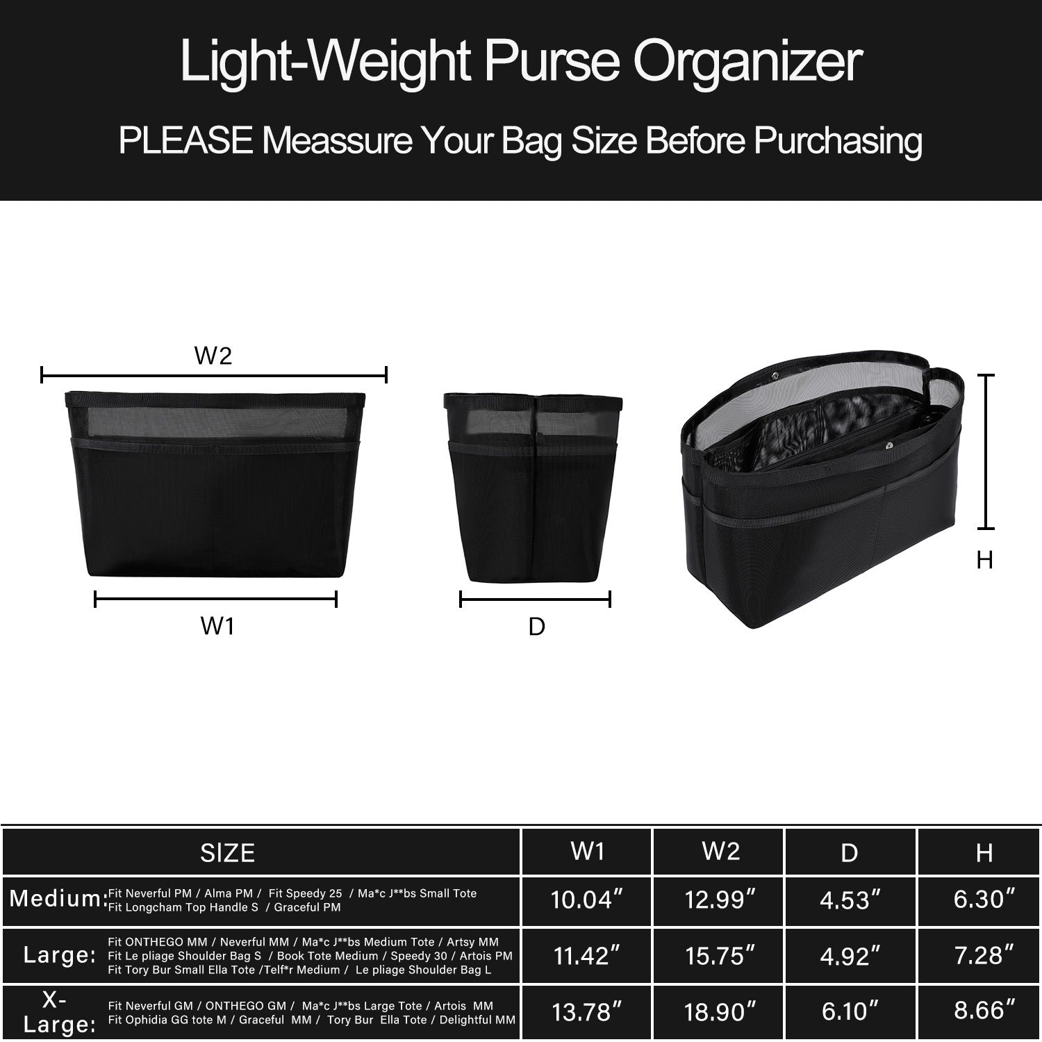 Wkładka Organizująca do Torebek – Organizer w Formie Siatki z Zamkiem Błyskawicznym, Pasuje do Speedy, Neverfull PM/MM, Le Pliage – Średnia, Duża, Bardzo Duża product image 12
