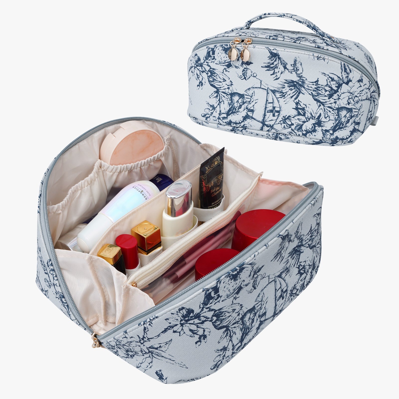 Velkokapacitní voděodolná kosmetická taška z PU kůže pro ženy – organizér na make-up s přepážkou a uchem detail image 1