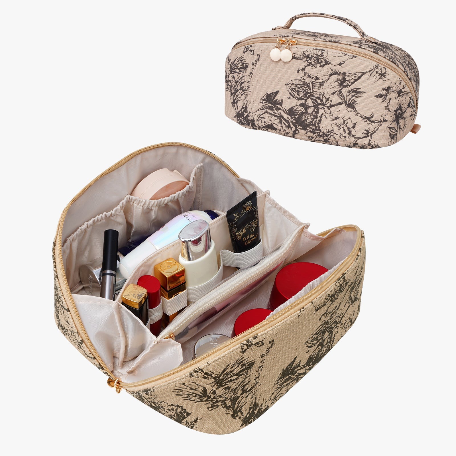 Velkokapacitní voděodolná kosmetická taška z PU kůže pro ženy – organizér na make-up s přepážkou a uchem detail image 19