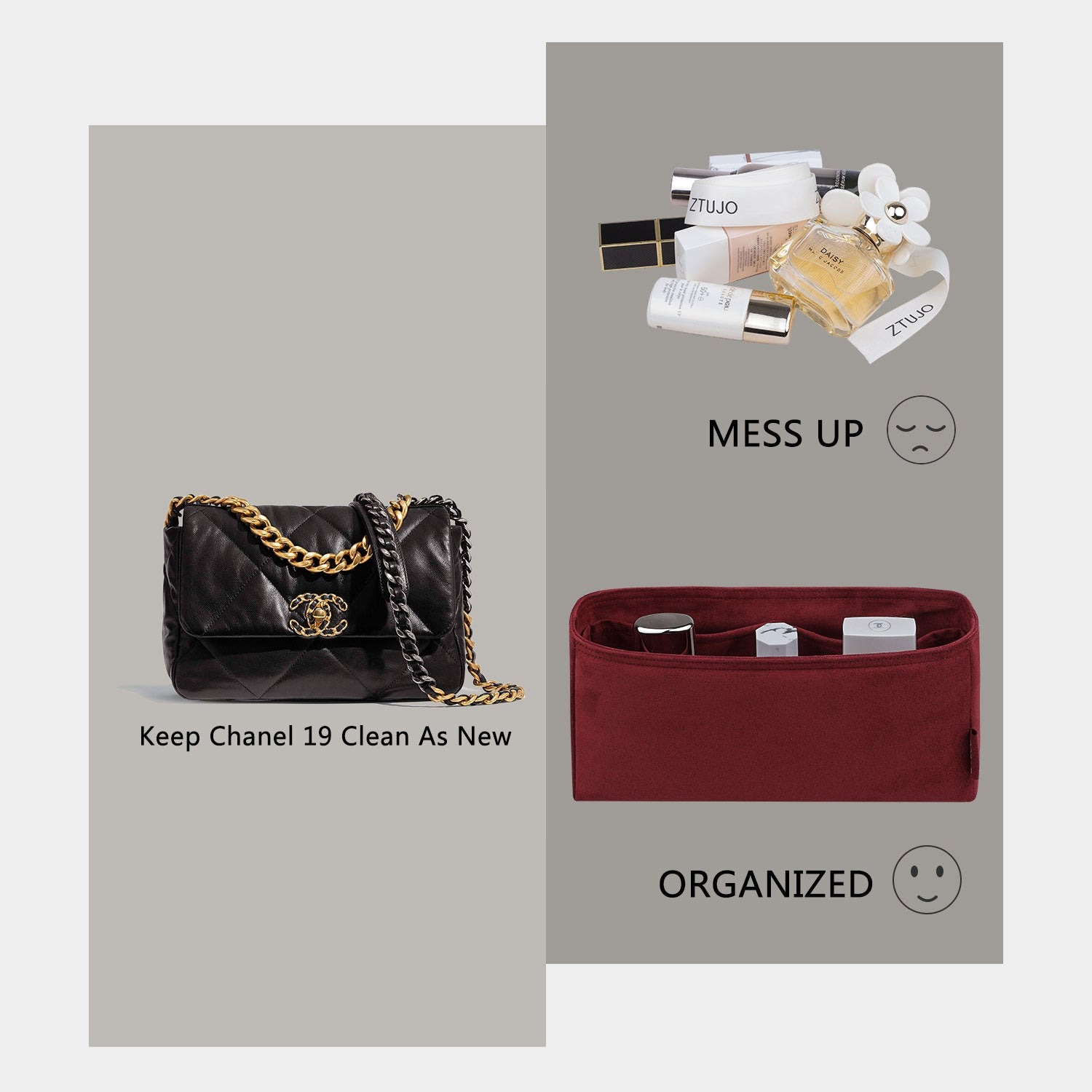 Organizer do torebki Chanel 19 Flap Bag 26 cm / 30 cm / 36 cm – materiał wnętrza klasy premium stosowany w motoryzacji, 4 kieszenie product image 3