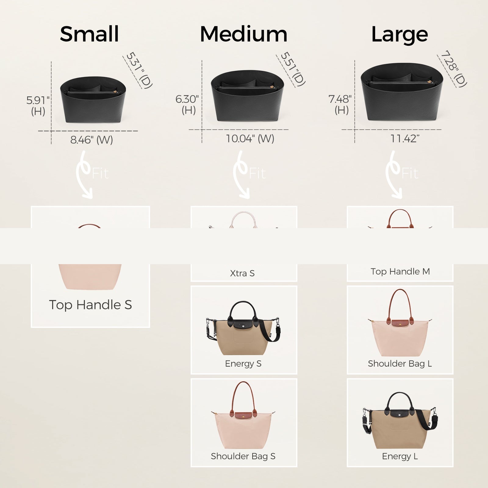 Purse Organizer Insert för Longchamp Le Pliage – Ultralätt Vattentåligt Miljövänligt DuPont-papper, 6 fack product image 6